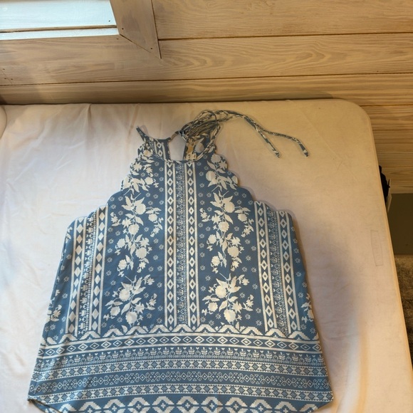 E&M Tops - Blue and White Tie Front Tank Top